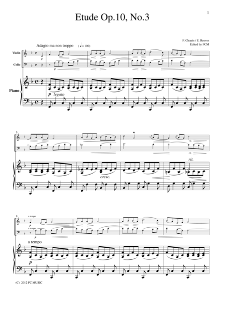 Chopin Chanson De L'adieu (Etude Op.10, No.3), for piano trio, PC101 Piano Trio scores gallery preview page 1