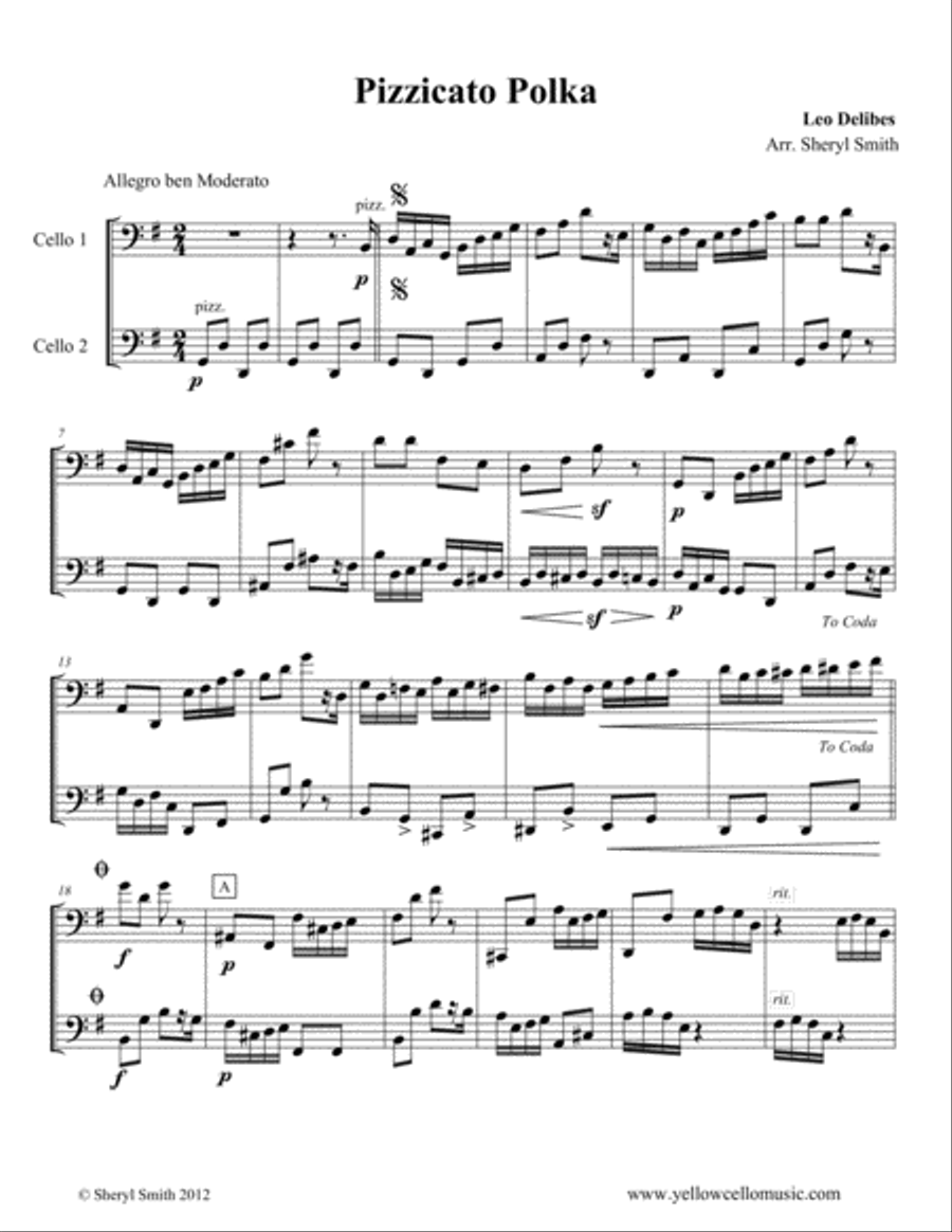 Pizzicato Polka arranged for two cellos (cello duo / duet) String Duet scores gallery preview page 1