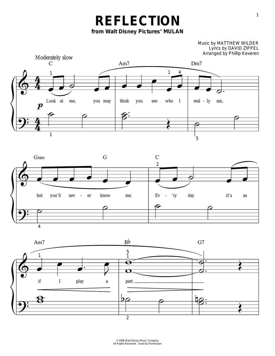 Reflection (from Mulan) (arr. Phillip Keveren) Easy Piano scores gallery preview page 1