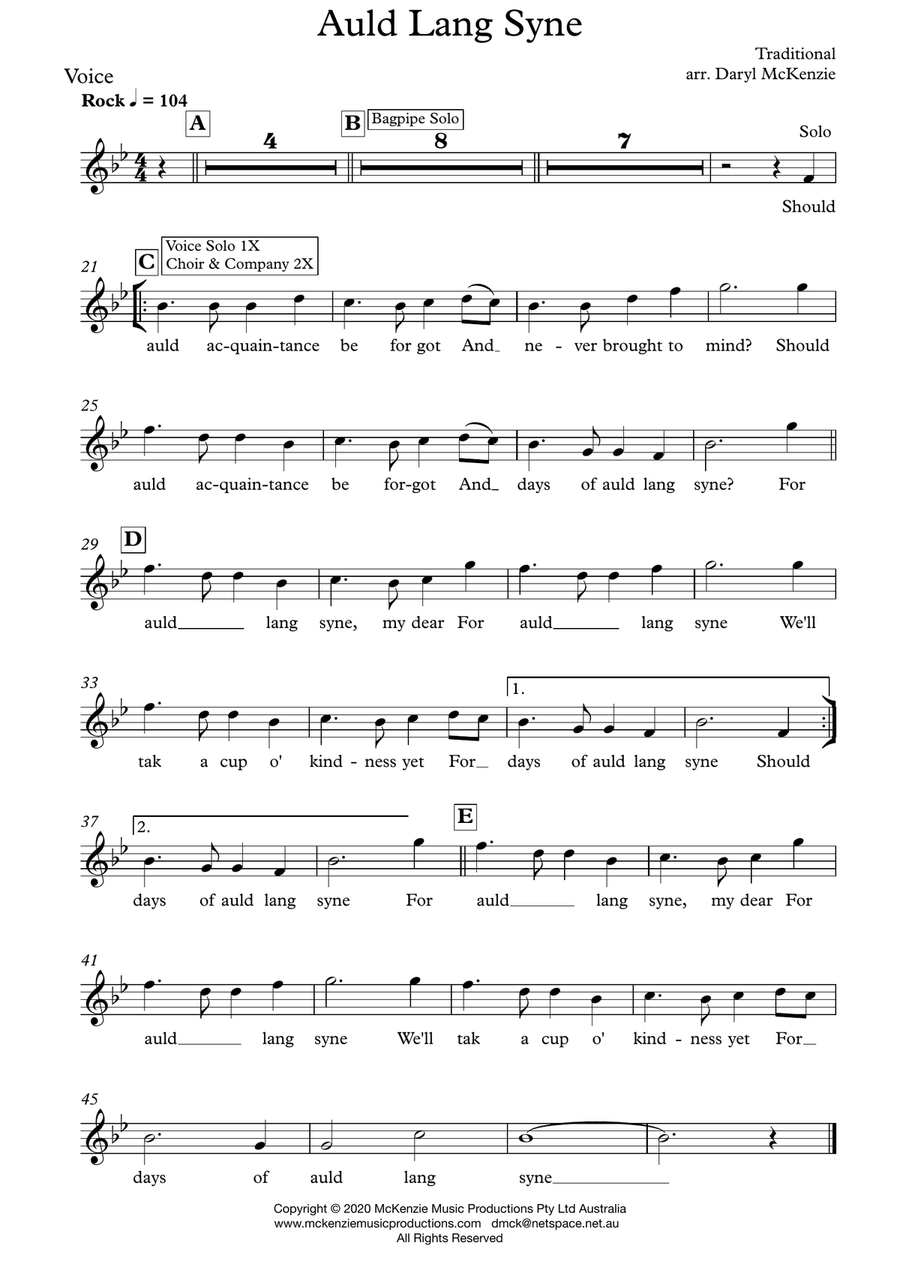 Auld Lang Syne - Solo Voice, Choir, Opt. Bagpipes, Pops Orchestra or Big Band Key of Bb Full Orchestra scores gallery preview page 2