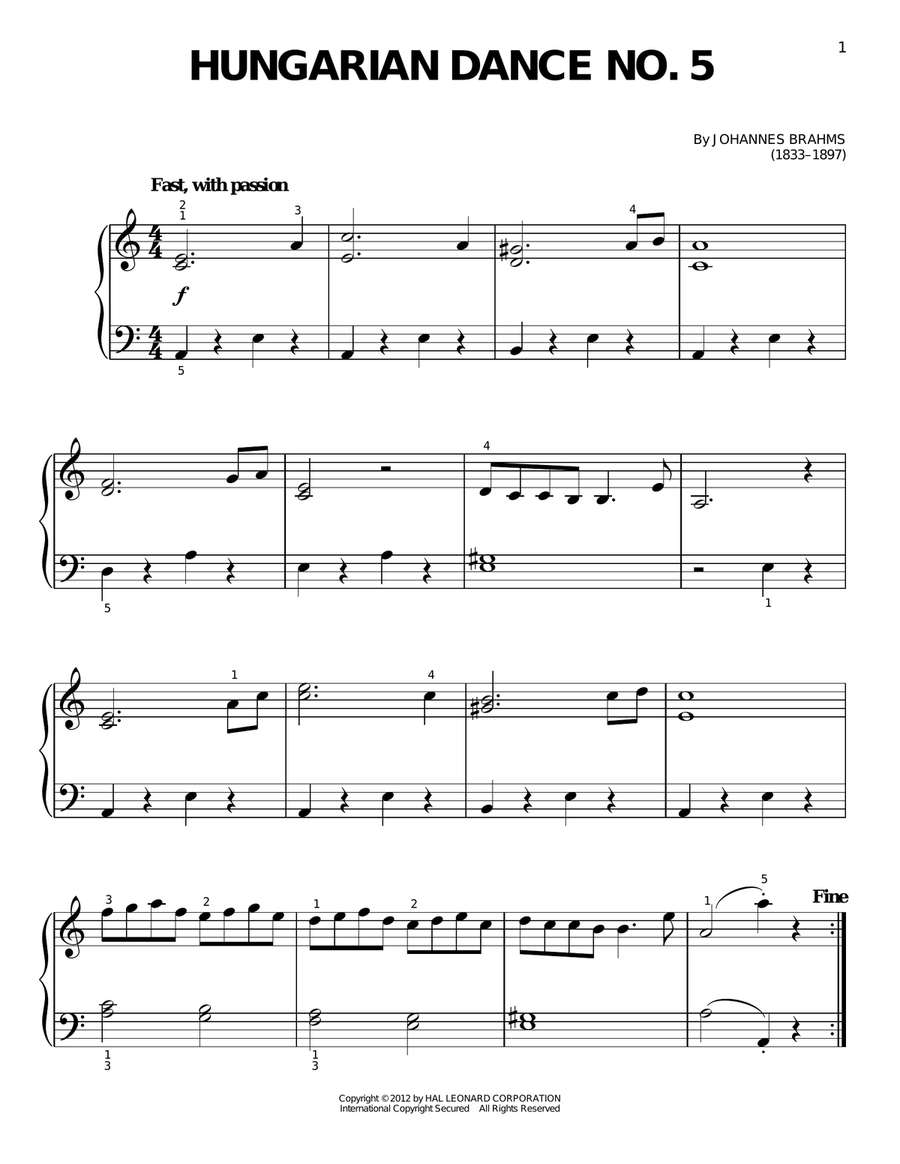 Hungarian Dance No. 5 Easy Piano scores gallery preview page 1