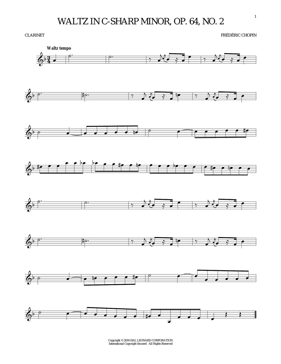 Waltz In C-Sharp Minor, Op. 64, No. 2 Clarinet Solo scores gallery preview page 1