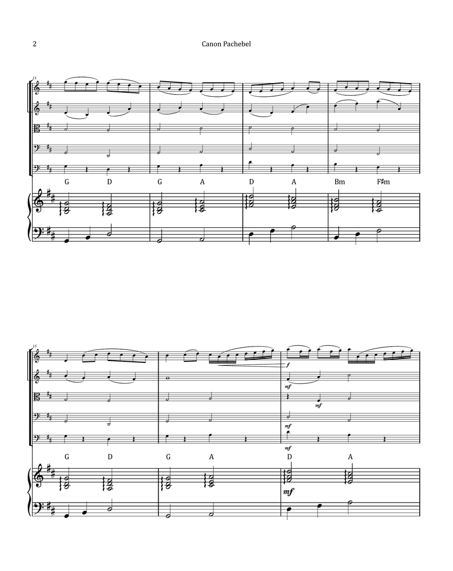 Canon by Pachelbel - String Quintet with Piano and Chord Notation String Orchestra scores gallery preview page 2