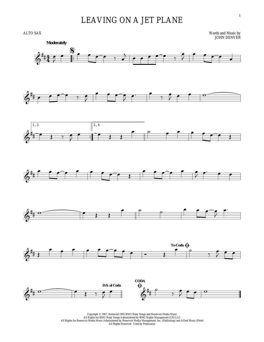 Leaving On A Jet Plane Leaving On A Jet Plane Alto Saxophone scores gallery preview page 1