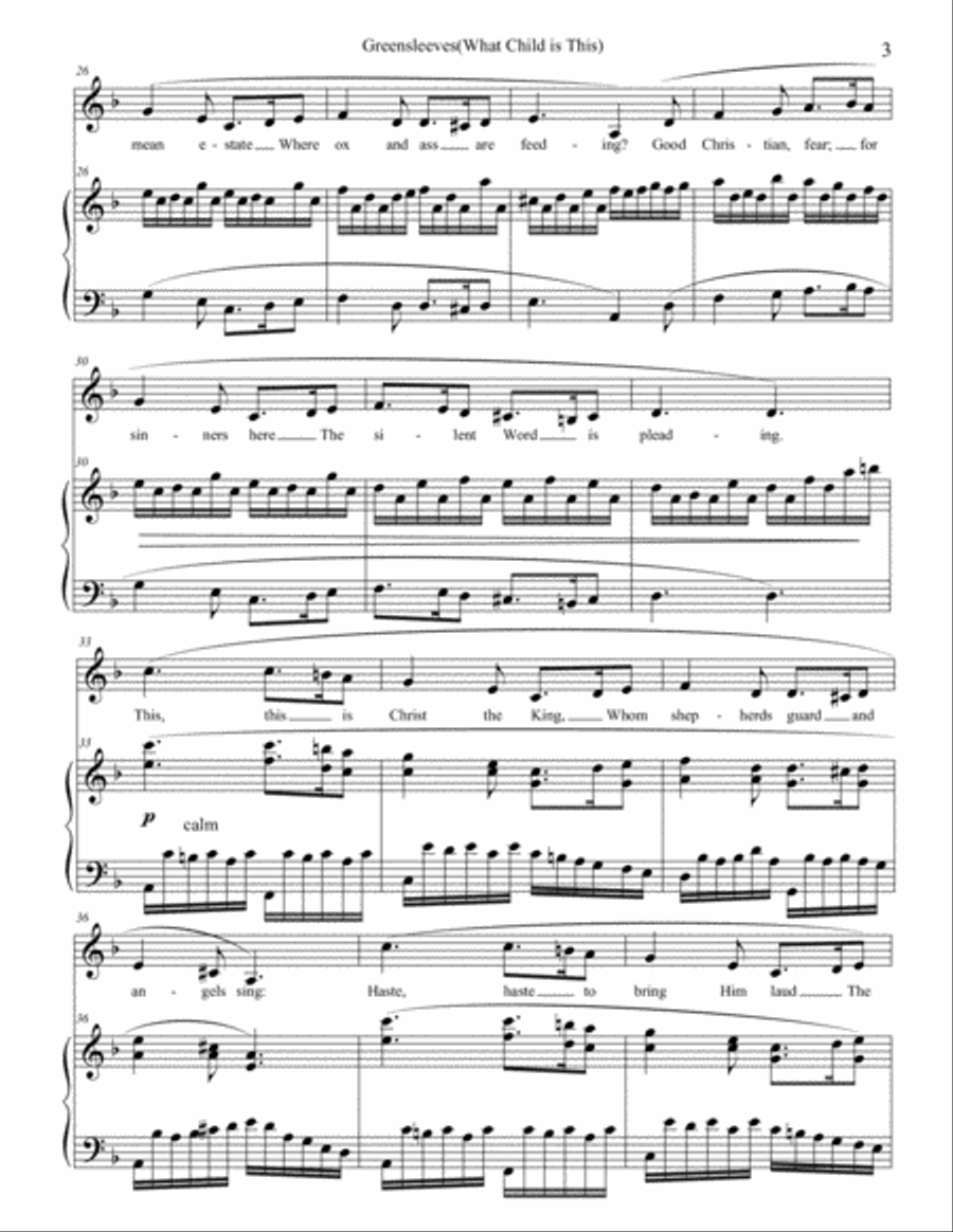 Greensleeves(What Child is This?) Piano Solo or Piano and Medium Voice Medium Voice scores gallery preview page 3