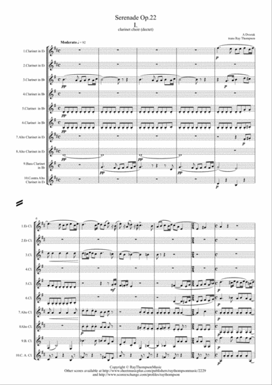 Dvorak: Serenade for Strings Op.22 Mvt. I - clarinet choir (dectet) by Antonin Dvorak String Orchestra - Digital Sheet Music