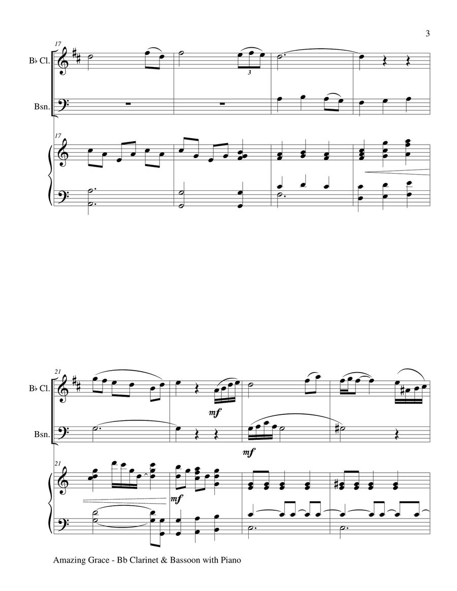 AMAZING GRACE (Bb Clarinet & Bassoon with Piano - Score & Parts included) Woodwind Duet scores gallery preview page 4