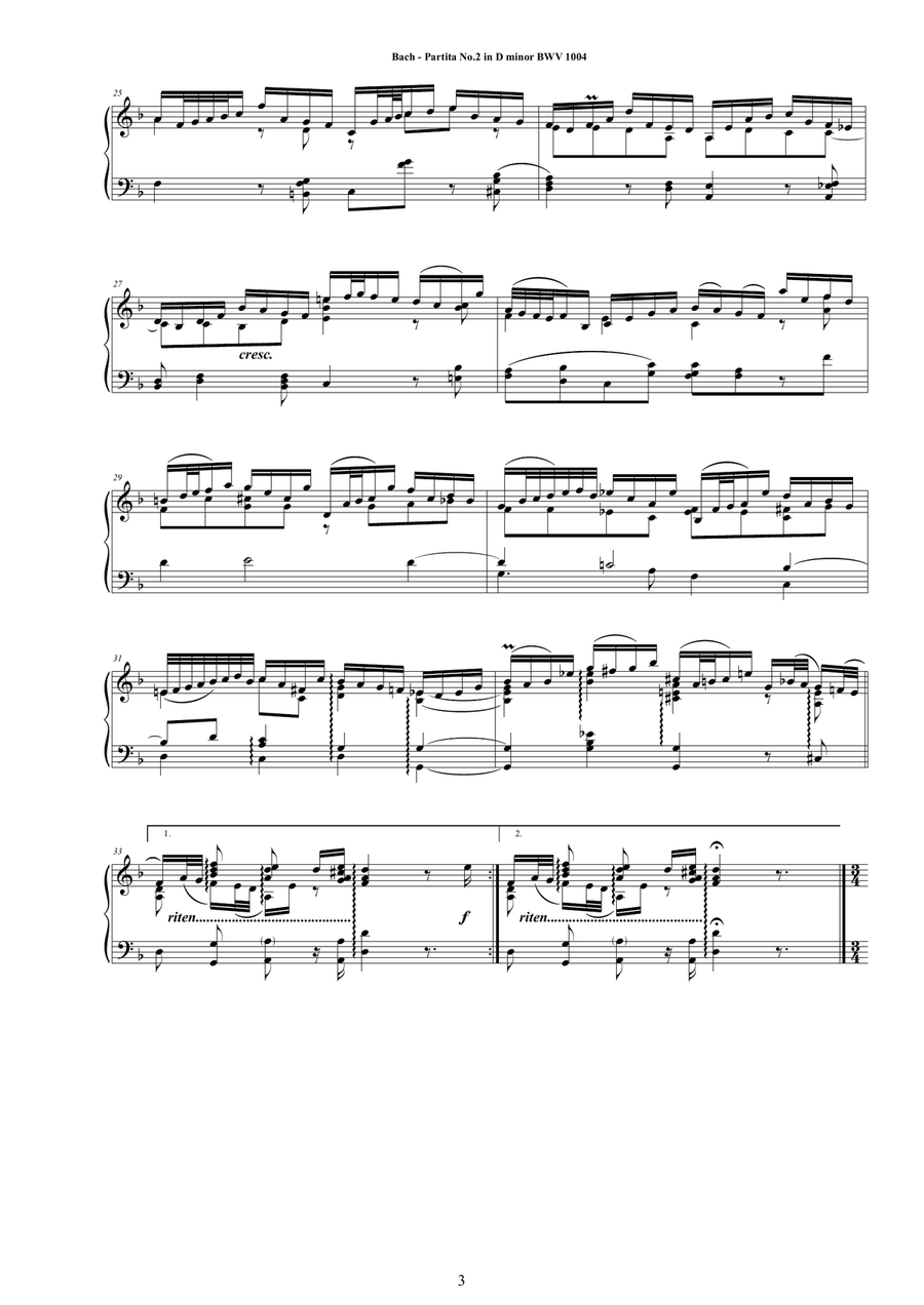 Bach - Partita No.2 in D minor BWV 1004 for Harpsichord or Piano Harpsichord scores gallery preview page 3