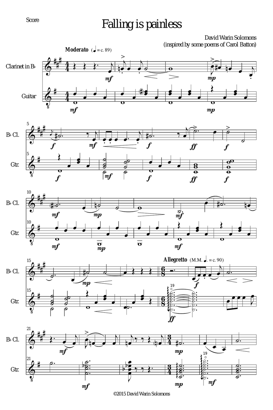 Fallling is painless for clarinet and guitar Clarinet scores gallery preview page 1