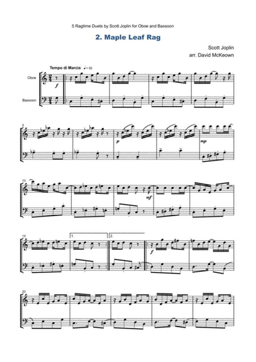 Five Ragtime Duets by Scott Joplin for Oboe and Bassoon