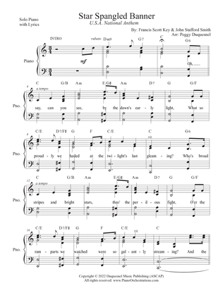 Star Spangled Banner (Key of C - Solo Piano w Lyrics)