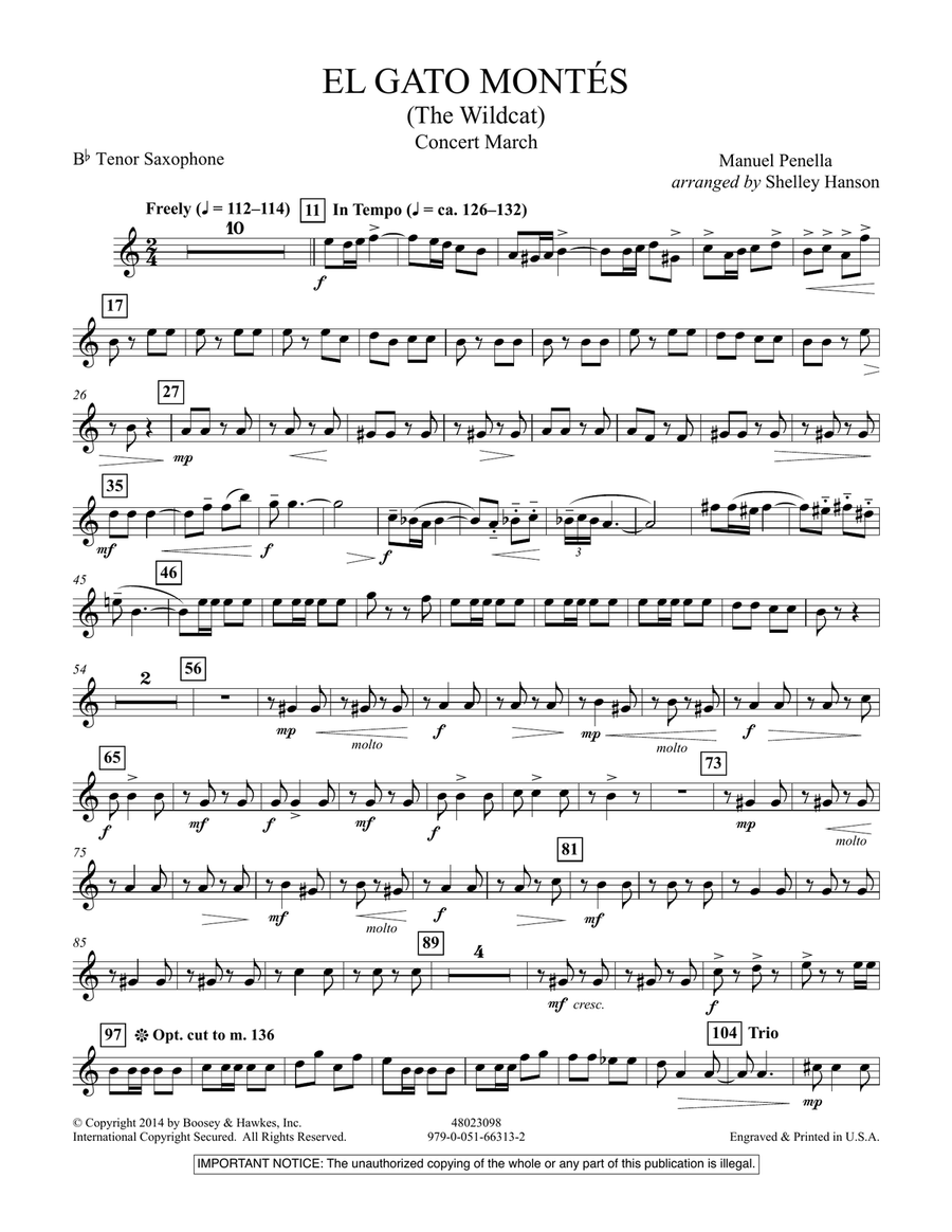 El Gato Montés (The Wild Cat) - Bb Tenor Saxophone Concert Band scores gallery preview page 1