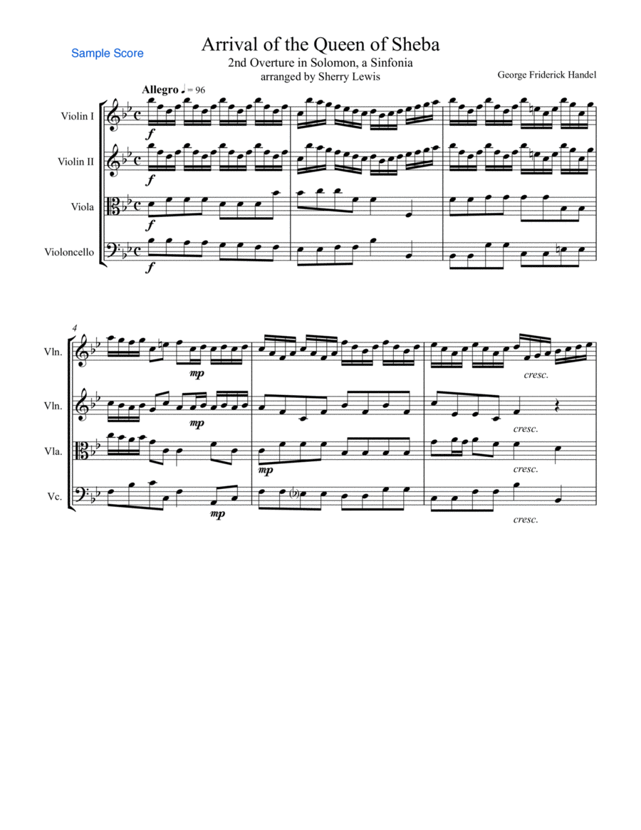 ARRIVAL OF THE QUEEN OF SHEBA String Quartet, Intermediate Level for 2 violins, viola and cello String Quartet scores gallery preview page 1