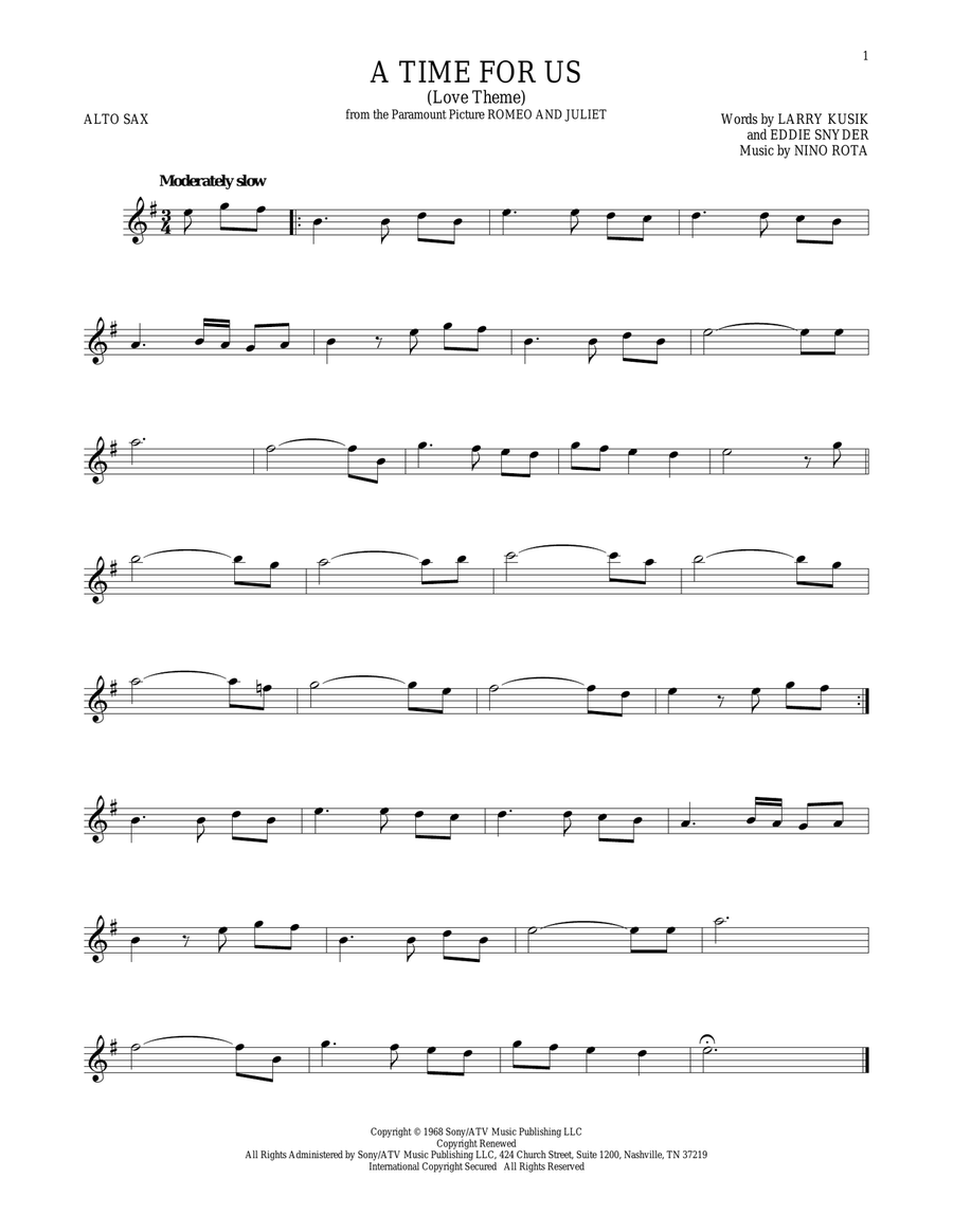 A Time For Us (Love Theme) Alto Saxophone scores gallery preview page 1