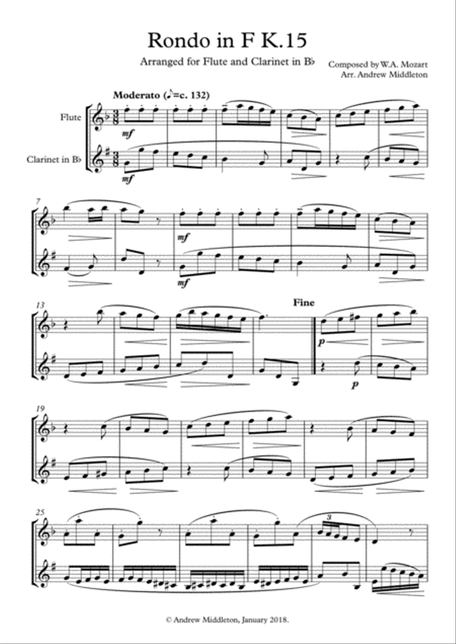 Rondo in F K15 arranged for Flute and Clarinet Woodwind Duet scores gallery preview page 1