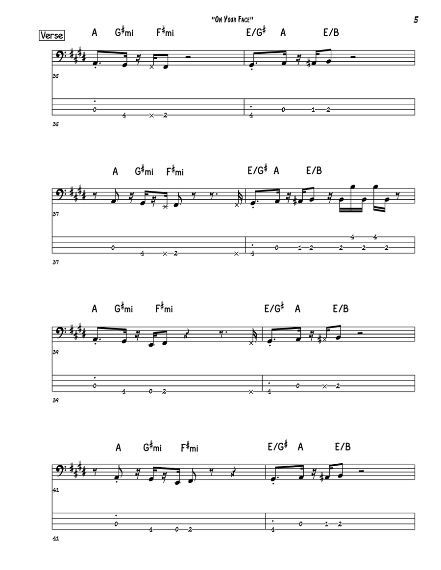 On Your Face On Your Face Bass Guitar Tablature scores gallery preview page 5