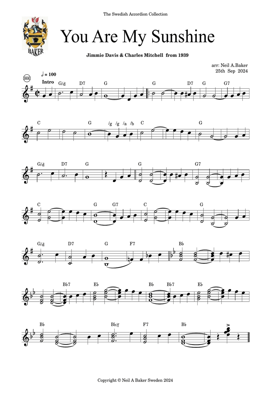 You Are My Sunshine Accordion scores gallery preview page 1