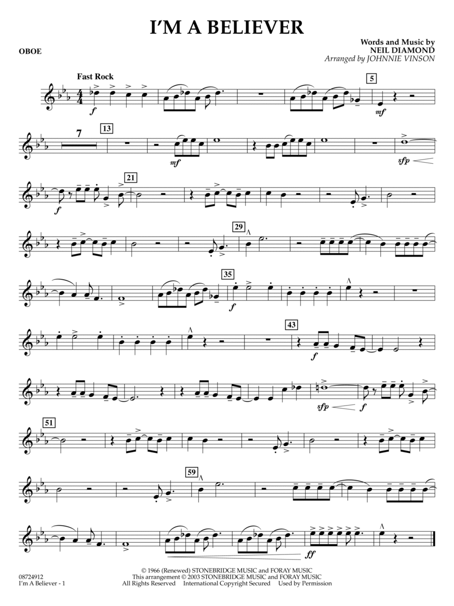 I'm a Believer (arr. Johnnie Vinson) - Oboe Concert Band scores gallery preview page 1