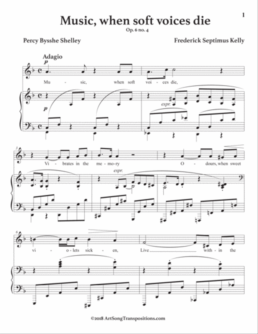 KELLY: Music, when soft voices die, Op. 6 no. 4 (transposed to F major) Voice scores gallery preview page 2