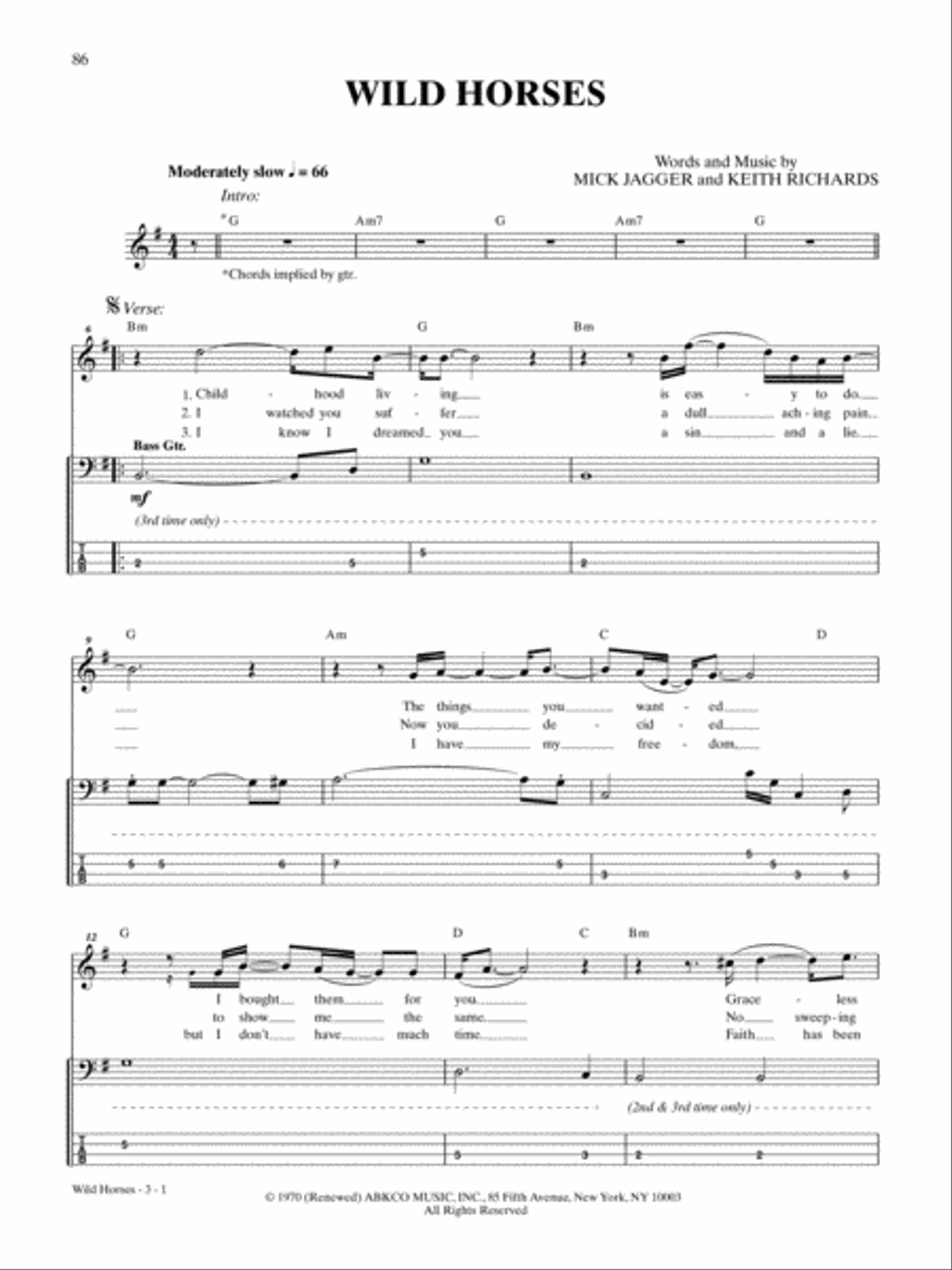 Wild Horses Bass Guitar Tablature scores gallery preview page 1