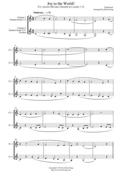 Joy to the World (for clarinet(Bb) duet, suitable for grades 1-5) image number null
