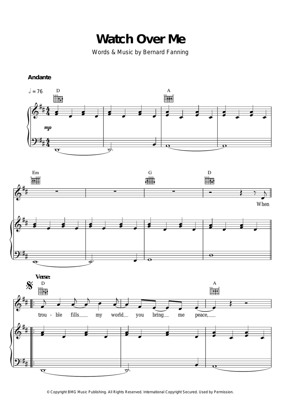 Watch Over Me Piano Vocal Guitar Digital Sheet Music Sheet