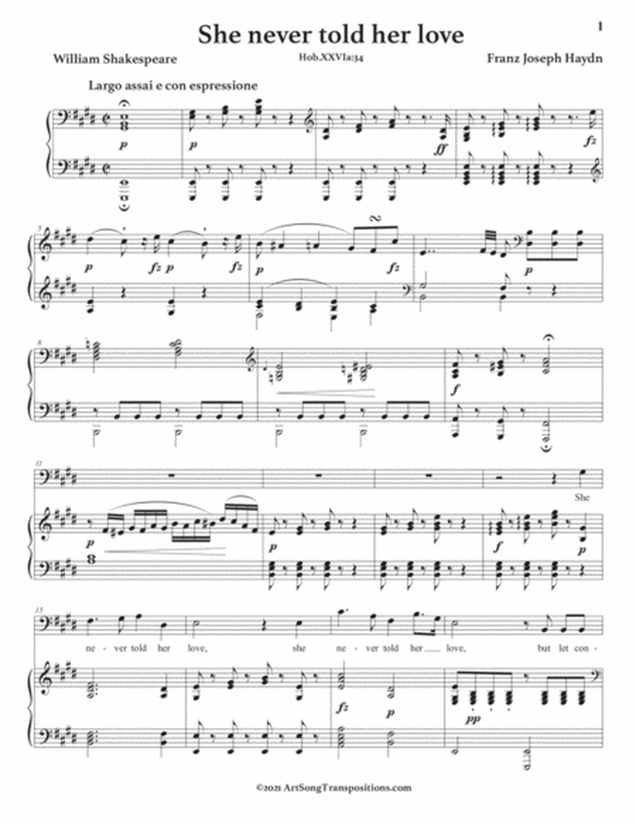 HAYDN: She never told her love (transposed to E major, bass clef)