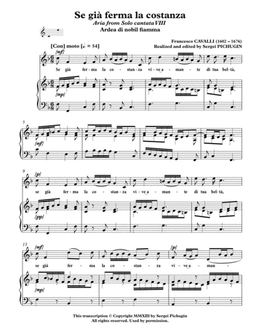 CAVALLI Francesco: Se già ferma la costanza, aria from the cantata, arranged for Voice and Piano (F image number null