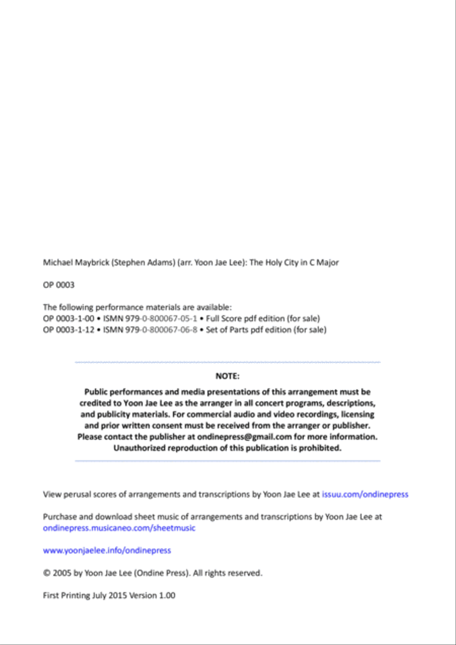 The Holy City for Medium High Voice and Chamber Ensemble in C Major - Score Only