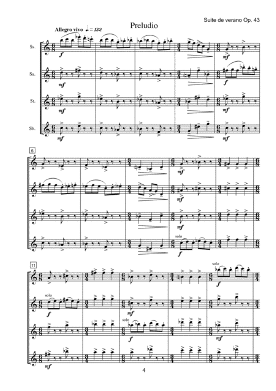 Suite de verano, Op. 43 for Saxophone Quartet Saxophone Quartet scores gallery preview page 3