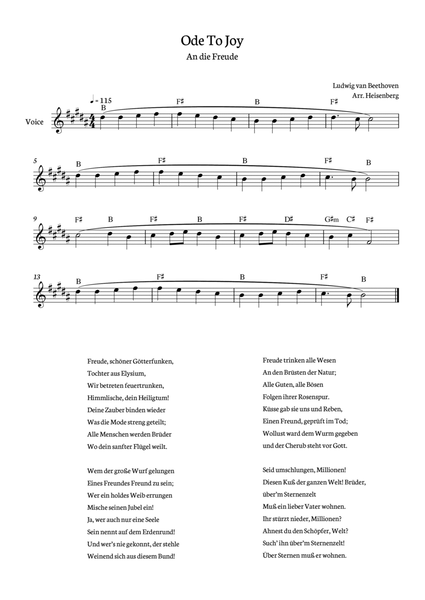 Beethoven - Ode To Joy for voice with chords in B (Lyrics in German) image number null