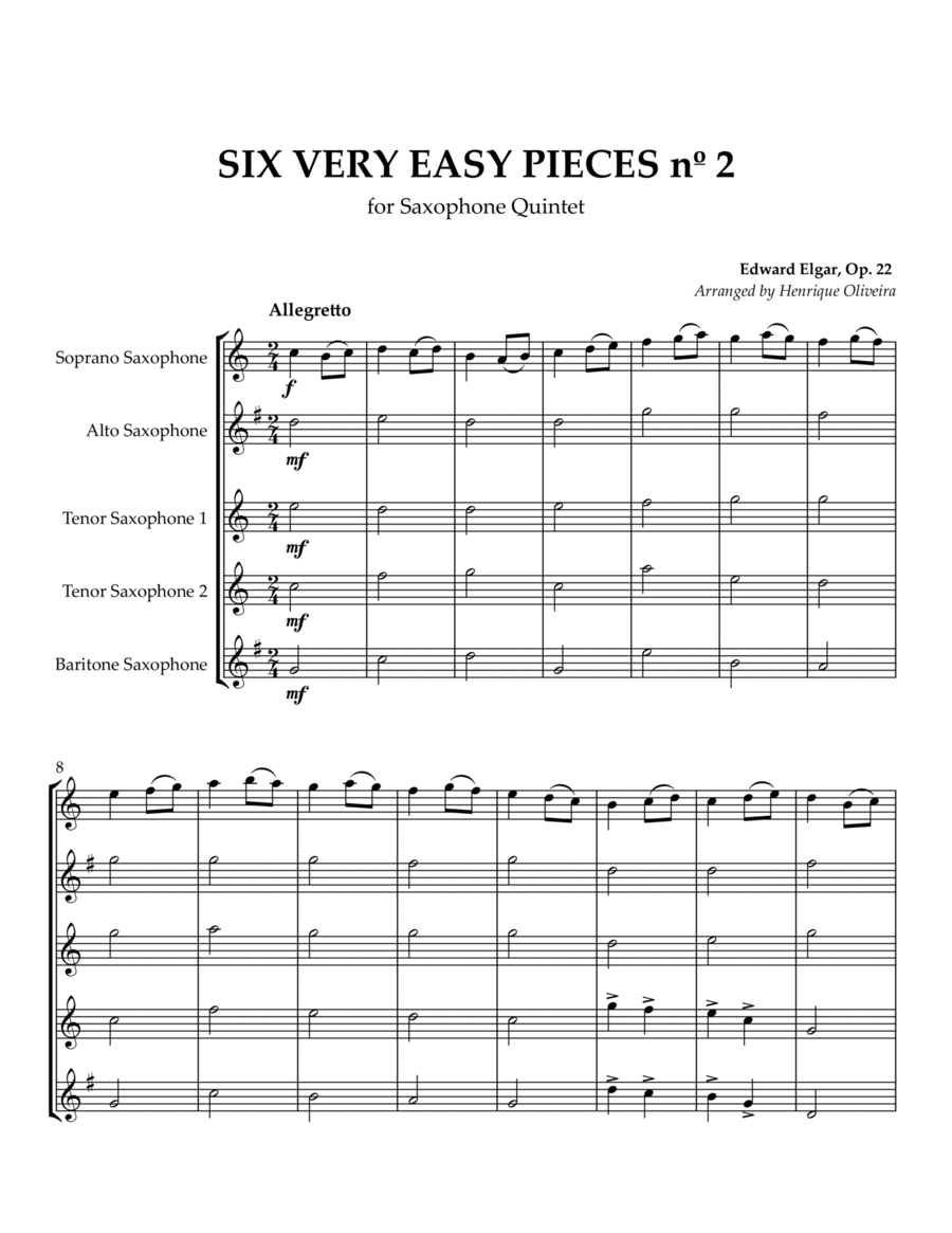 Six Very Easy Pieces nº 2 (Allegretto) - for Saxophone Quintet image number null
