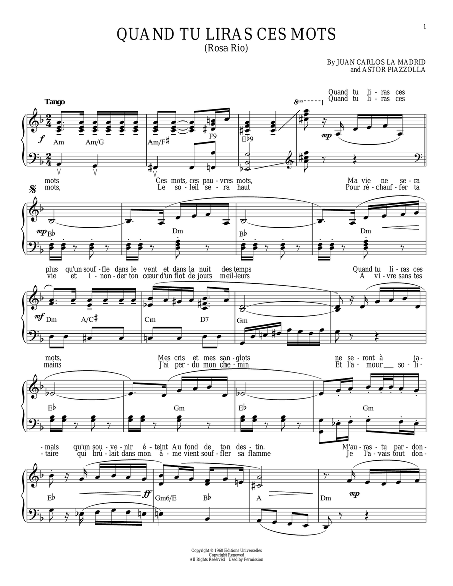 Quand tu liras ces mots (Rosa Rio) Piano Solo scores gallery preview page 1