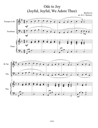 Ode to Joy (Joyful, Joyful, We Adore Thee) for trumpet and trombone duet with piano accompaniment