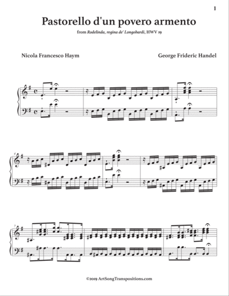 HANDEL: Pastorello d'un povero armento (transposed to E minor) Voice scores gallery preview page 2