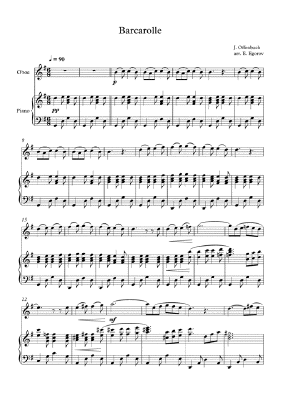 Barcarolle, Jacques Offenbach, For Oboe & Piano Barcarolle, Jacques Offenbach, For Oboe & Piano Piano scores gallery preview page 1