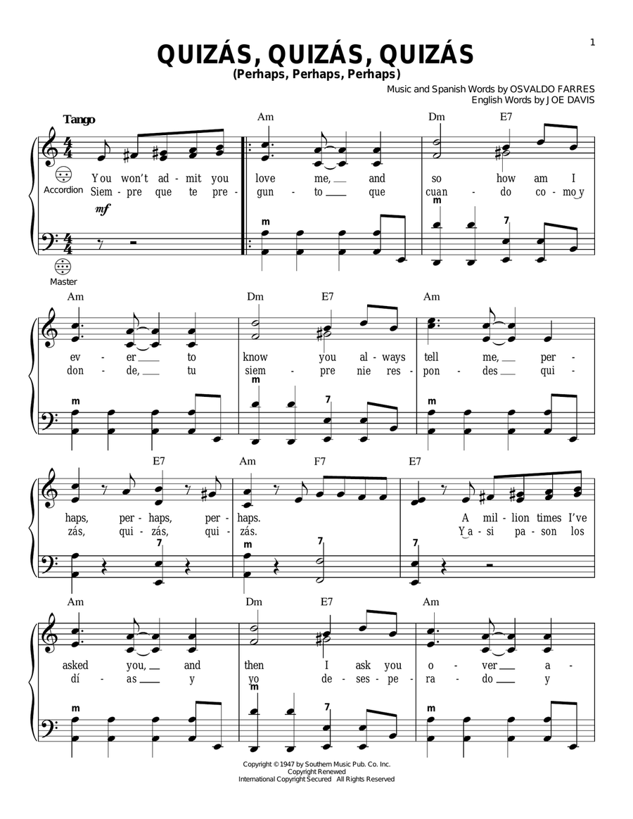 Quizas, Quizas, Quizas (Perhaps, Perhaps, Perhaps) Accordion scores gallery preview page 1