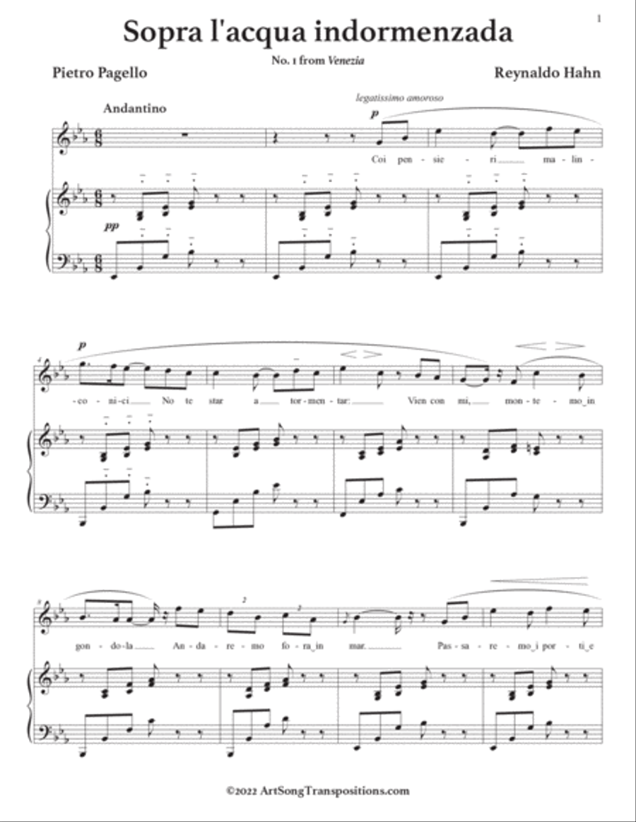 HAHN: Sopra l'acqua indormenzada (transposed to E-flat major) Voice scores gallery preview page 2