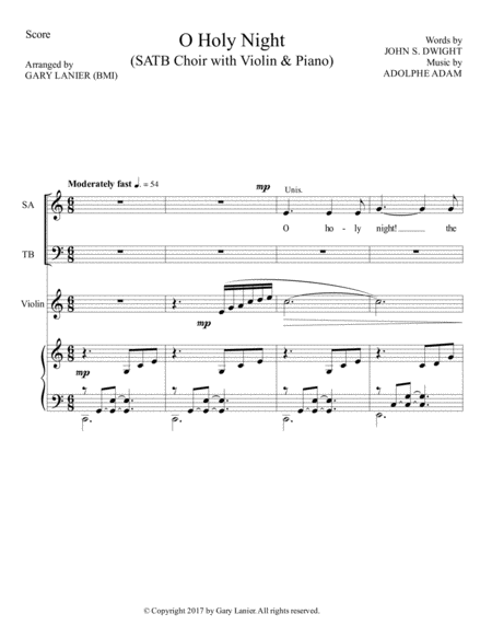 O HOLY NIGHT (SATB Choir with Violin & Piano - Score & Parts included) image number null