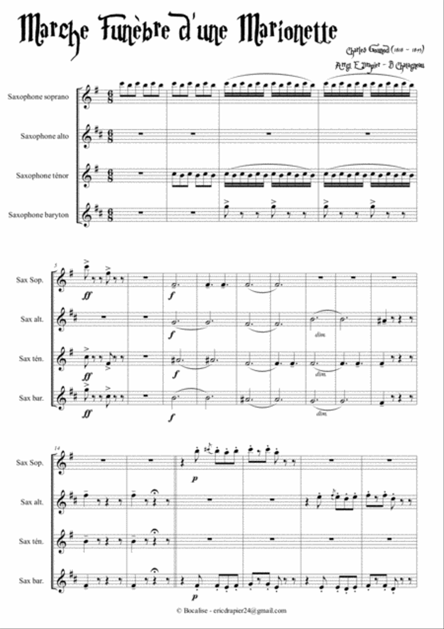 Funeral March of a Marionette - Ch Gounod for SAX Quartet (SATB) Saxophone Quartet scores gallery preview page 1
