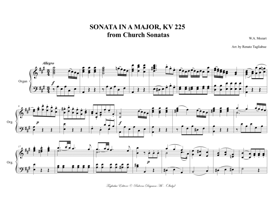 Mozart, SONATA IN A MAJOR, KV 225. From Church Sonatas. Arr. for solo Organ image number null