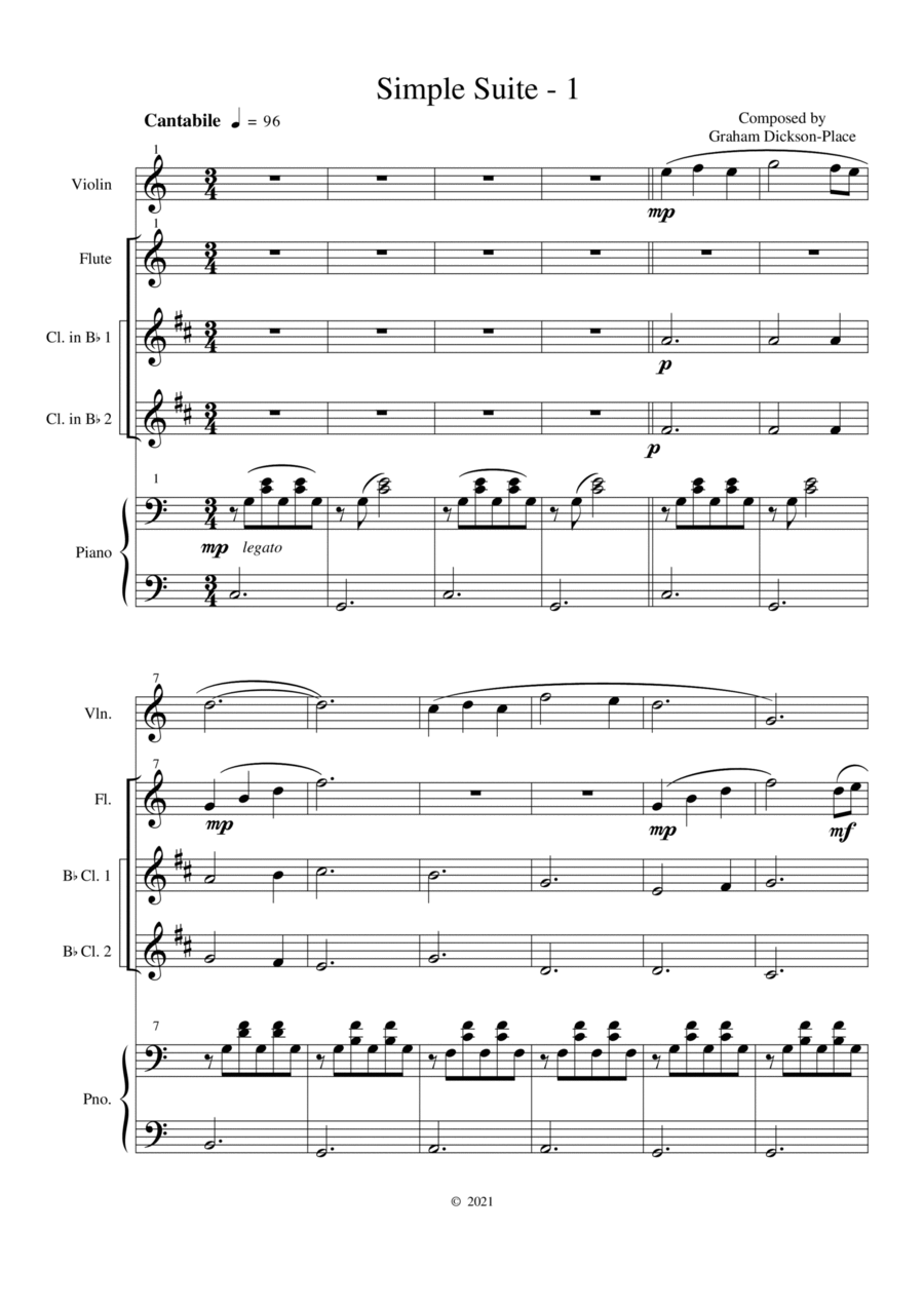 Simple Suite - For Violin, Flute, two Clarinets and Piano. Composed by Graham Dickson-Place Small Ensemble scores gallery preview page 1