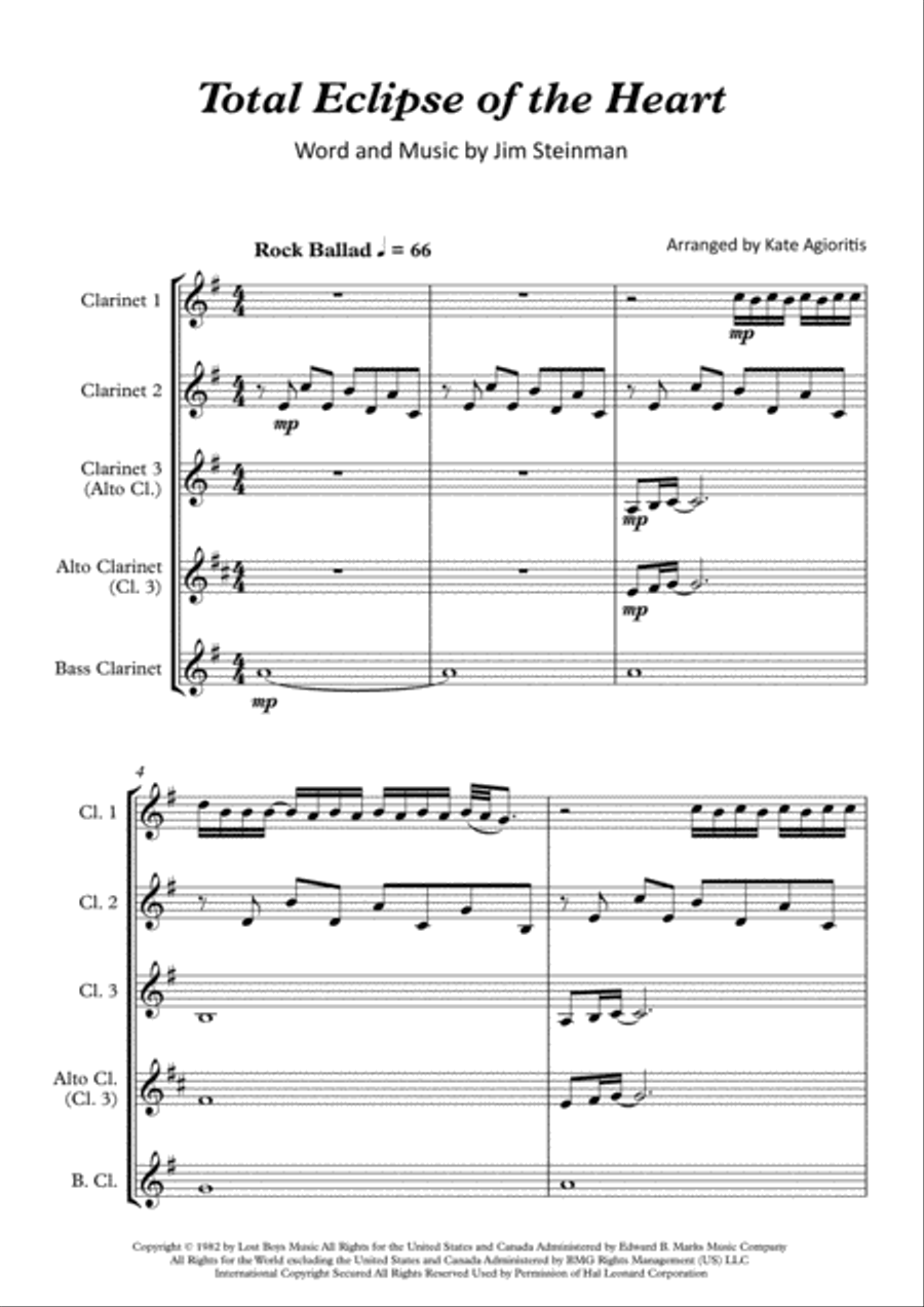Total Eclipse Of The Heart Clarinet Quartet scores gallery preview page 2