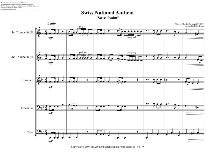 Swiss National Anthem for Brass Quintet (MFAO World National Anthem Series) image number null