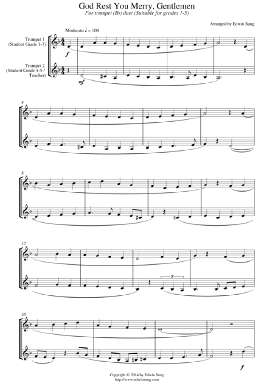 God Rest You Merry, Gentlemen (for trumpet (Bb) duet, suitable for grades 1-5) Trumpet Duet scores gallery preview page 1