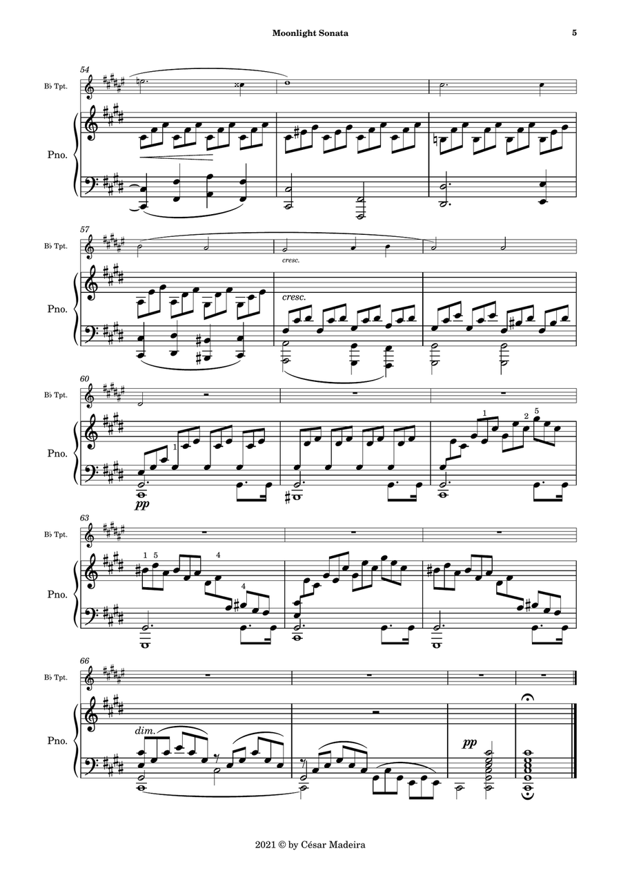 Moonlight Sonata by Beethoven 1 mov. - Bb Trumpet and Piano (Full Score and Parts) B-Flat Trumpet scores gallery preview page 6
