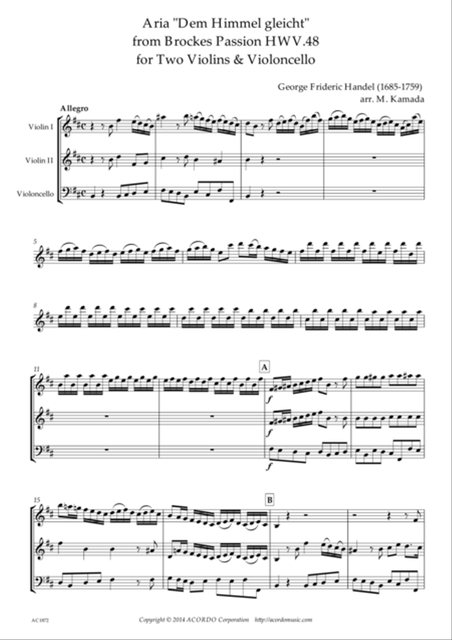 'Dem Himmel gliecht' from Brockes Passion HWV.48 for Two Violins & Violoncello
