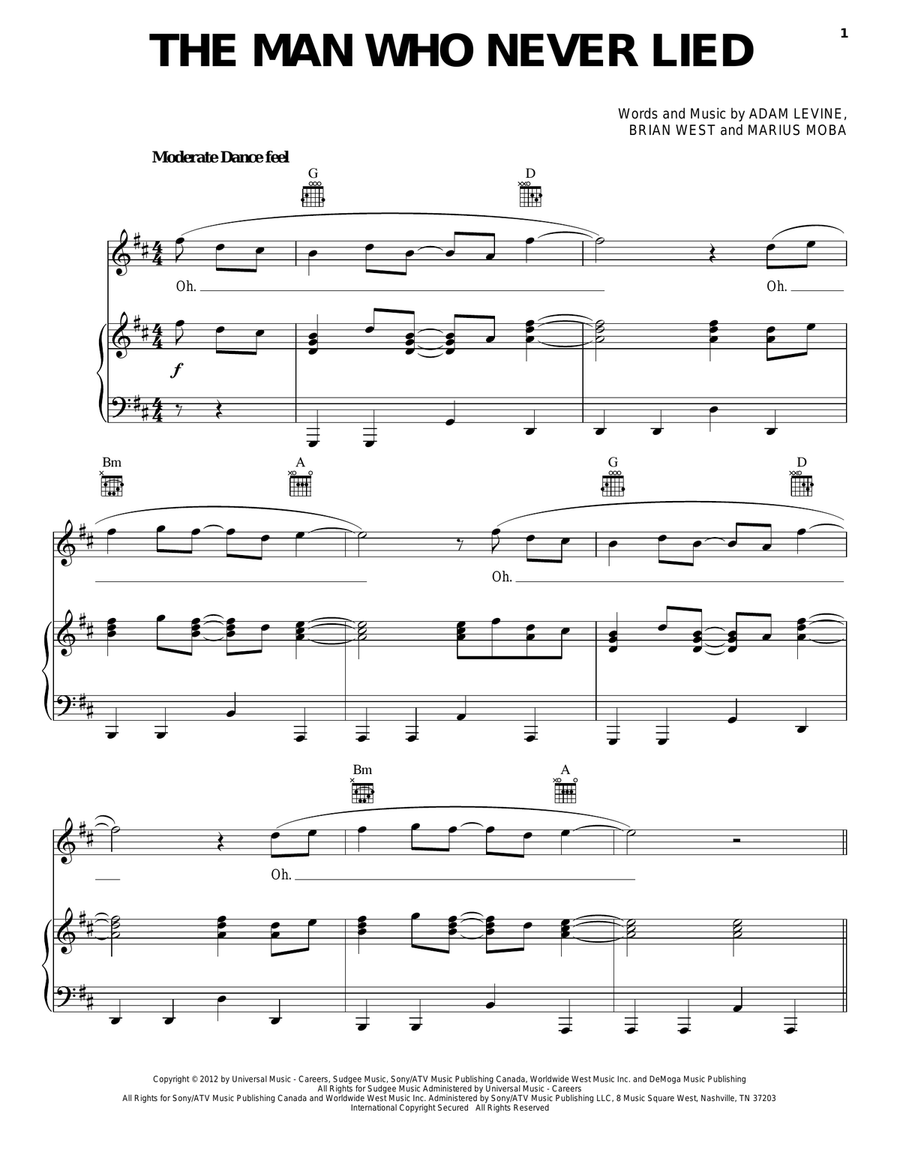 The Man Who Never Lied The Man Who Never Lied Piano, Vocal, Guitar scores gallery preview page 1