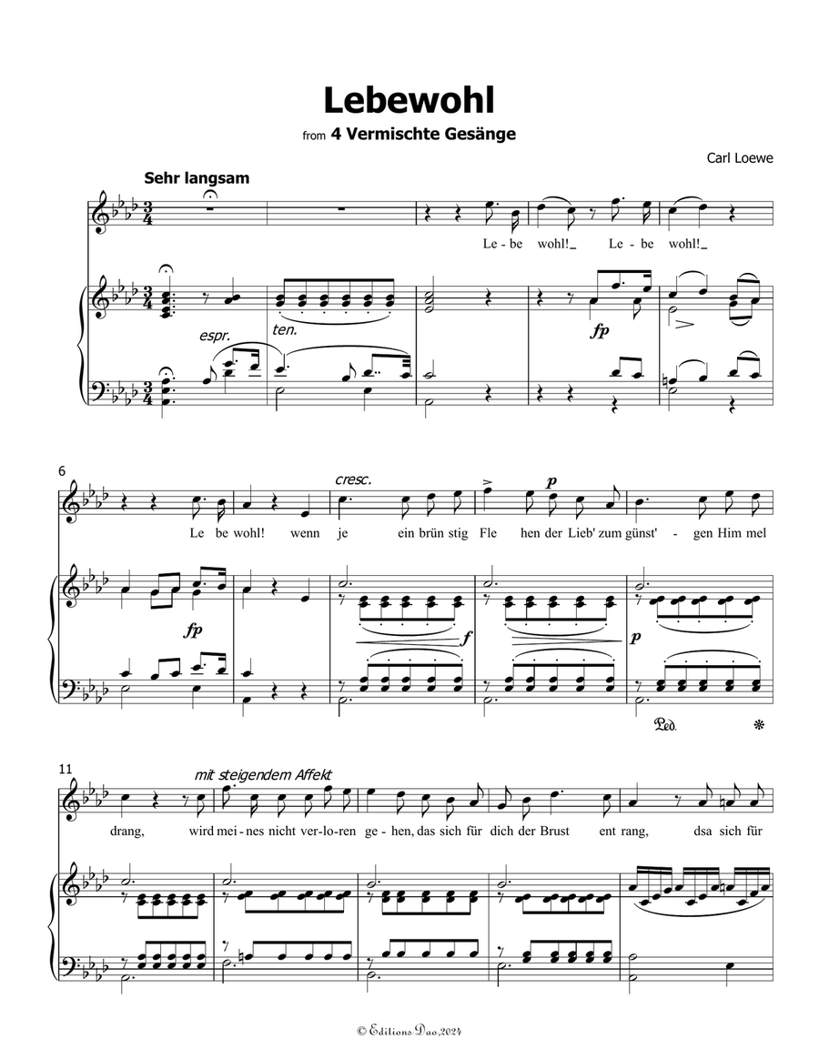 Lebewohl, by Carl Loewe, in A flat Major Piano, Vocal scores gallery preview page 3