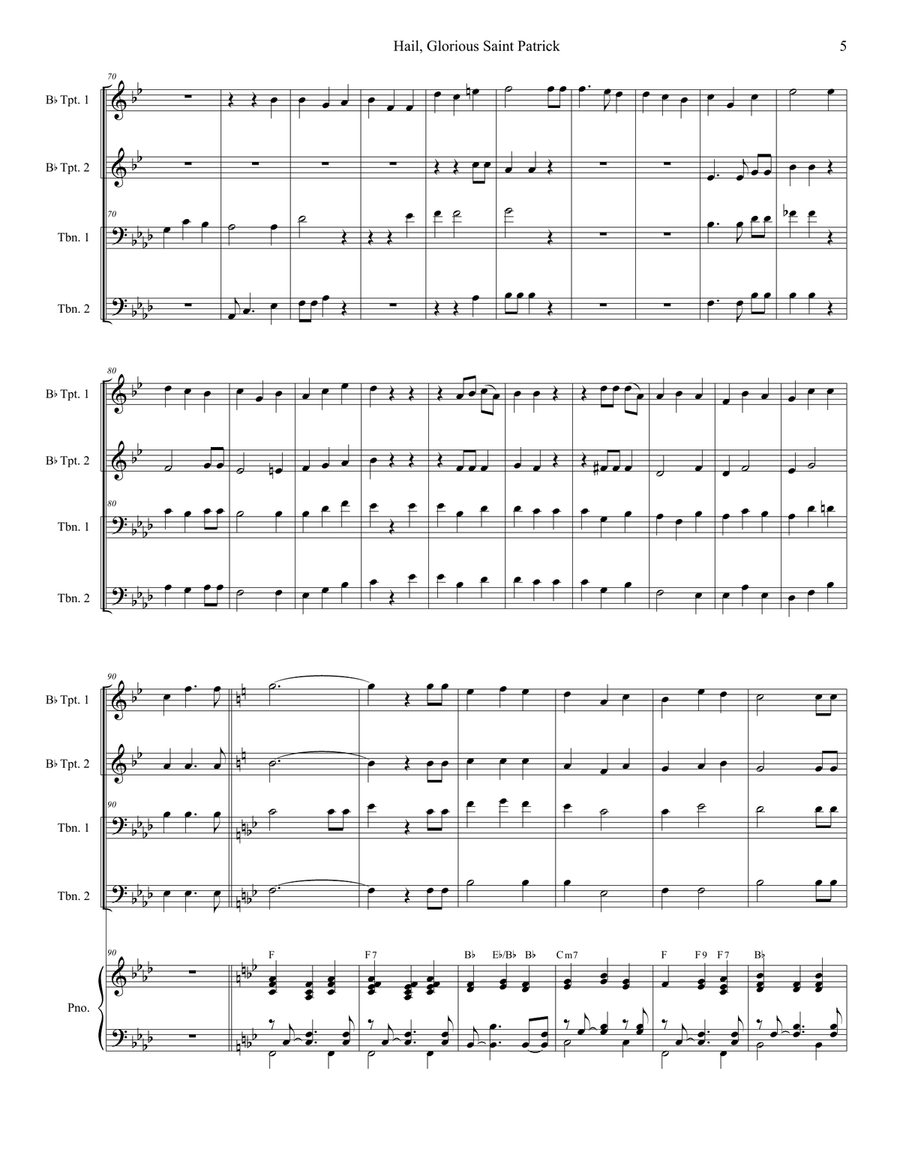 Hail, Glorious Saint Patrick (Brass Quartet and Piano - Alternate Version) Brass Quartet scores gallery preview page 5